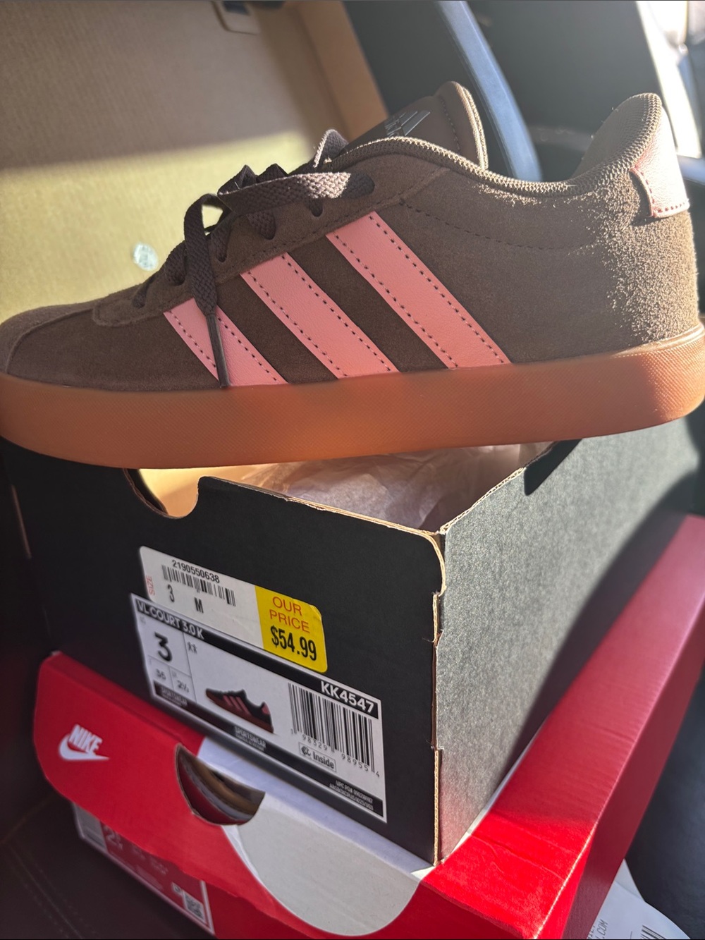 Adidas Kids Low-Top Sneakers in Brown with Pink Stripes